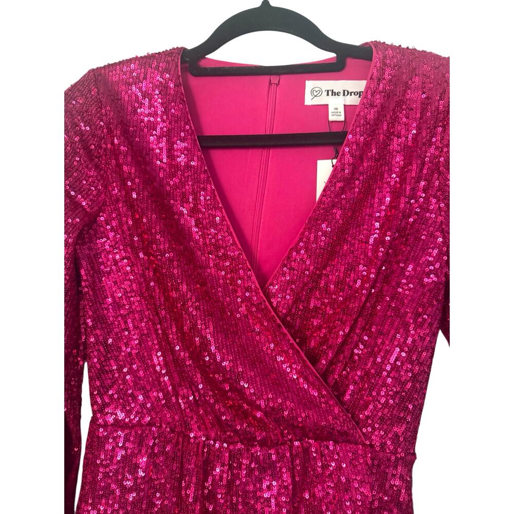 NWT The Drop Helena Sequin Wrap Dress Luminous Pink Size XS - Picture 3 of 12